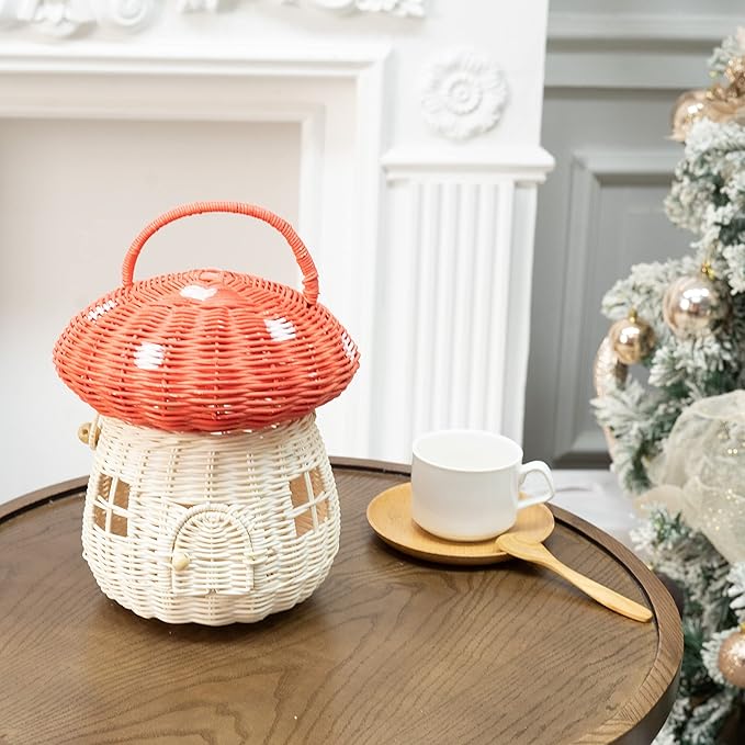 KOLWOVEN Mushroom Basket- Mushroom Home Decor Box With lid Shelves- Rattan Mushroom Newborn Photography Props in Tent, Kitchen - Bag for Kid - Wicker Basket Purse (Red Color)