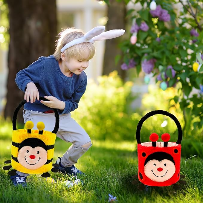 DearSun 2 Pcs Easter Basket Bee & Ladybird Plush Baskets, Easter Egg Hunting Basket for Kids Gifts Party Decoration Supplies, Dia 8" * H 15.7"(Ladybird & Bee)