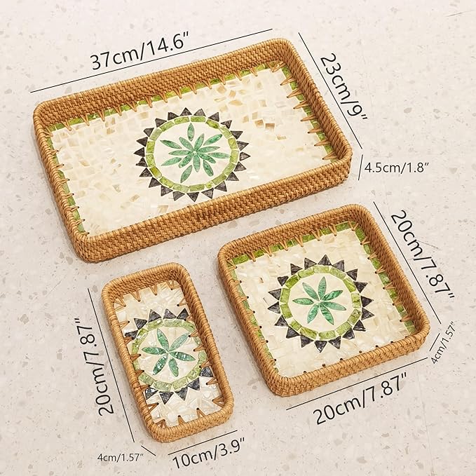 i-lan Set of 3 15" Rectangular Rattan and Mother of Pearl Serving Tray,Boho Rectangule Natural Rattan Woven Trays,Green Triangle Pattern Decorative for Entryway Kitchen Bathroom Counter