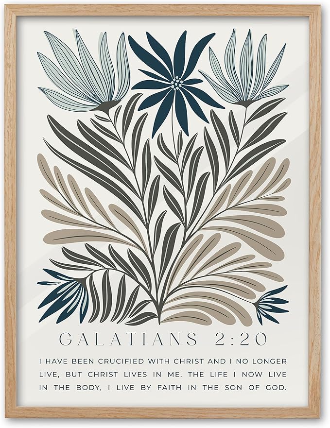EcoHest Christian Bible Verse Floral Framed Wall Art, Large 16x20 in OAK Wood Boho Abstract Flowers Canvas Wall Art, Galatians 2:20 Home Decor, Beige Logs Christ Set of 1 for Bedroom Living Room