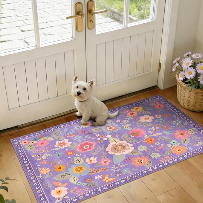 RELEANY Floral Nursery 2x4 Area Rugs Washable Print Boho Cute Carpet Non Slip Flower Low Pile for Living Room Kids Girls Playroom Bedroom Kitchen Office Farmhouse-Purple/Pink/Multi