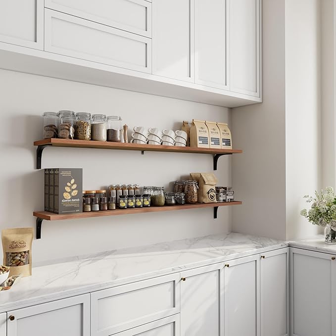 12 Inch Deep Floating Shelves Set of 2, 72 Inch Extra Wide Brown Solid Wood Wall Shelves, 6ft Heavy Duty Farmhouse Wall Mounted Shelving for Kitchen, Living Room & Bedroom