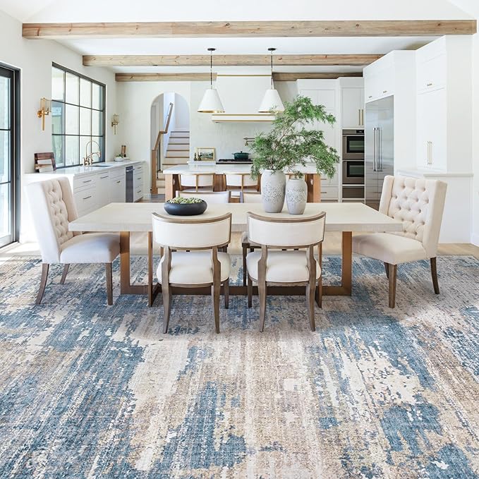 XLUEZ 9x12 Area Rug for Living Room, Washable Modern Abstract Large Area Rug Neutral Soft Non Slip Kids Rug Stain Resistant Indoor Carpet for Bedroom Dining Room Playroom Office(BlueBeige, 9'x12')