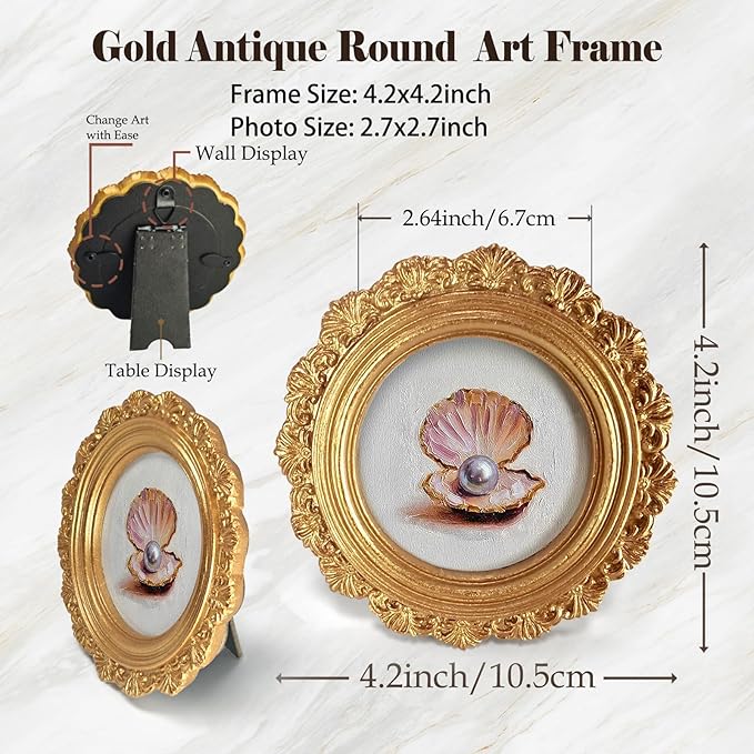 Small Vintage Seashell Pearl Round Picture Frame Wall Decor, Coastal Gold Mini Ornate Photo Frame for TableTop Desk 2.7in Photo,Beach Sea Summer Framed Artwork for Walls Office Bedroom Shelf