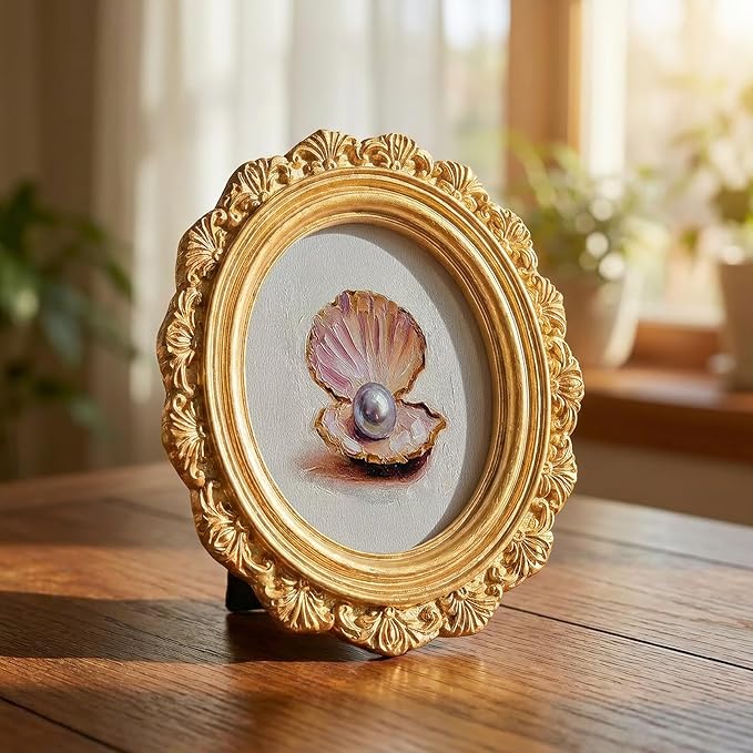 Small Vintage Seashell Pearl Round Picture Frame Wall Decor, Coastal Gold Mini Ornate Photo Frame for TableTop Desk 2.7in Photo,Beach Sea Summer Framed Artwork for Walls Office Bedroom Shelf