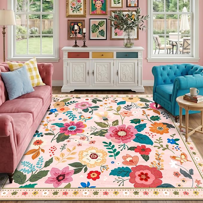 RELEANY Floral Nursery Square 8ft Area Rugs Washable Print Boho Cute Carpet Non Slip Flower Low Pile for Living Room Kids Girls Playroom Bedroom Kitchen Office Farmhouse-Pink
