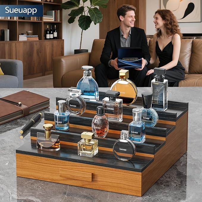 Solid Walnut Cologne Organizer for Men,4 Tier Cologne Stand Display Shelf with Hidden Storage and Drawer,Perfume Stand Organizer,Perfume Holder Great Gift for Men Father