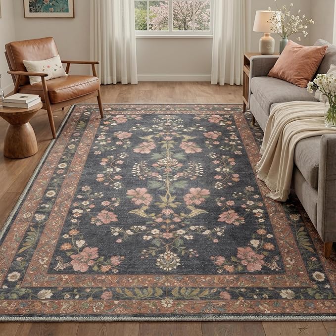 GENIMO Runner Rug 2x5 Non Slip Machine Washable Vintage Hallway Runner Rug, Low Pile Lightweight Rugs for Entryway, Hallway, Kitchen and Corridor, Dusty Charcoal