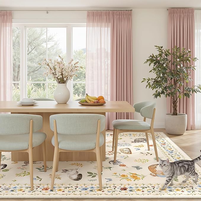 Soalmost Cat 8x10 Area Rugs for Living Room, Machine Washable Animal Floral Vintage Rug Non-Slip Low Pile Soft Throw Large Rugs for Bedroom Dining Room Kitchen Nursery Playroom (8 x 10,Beige)