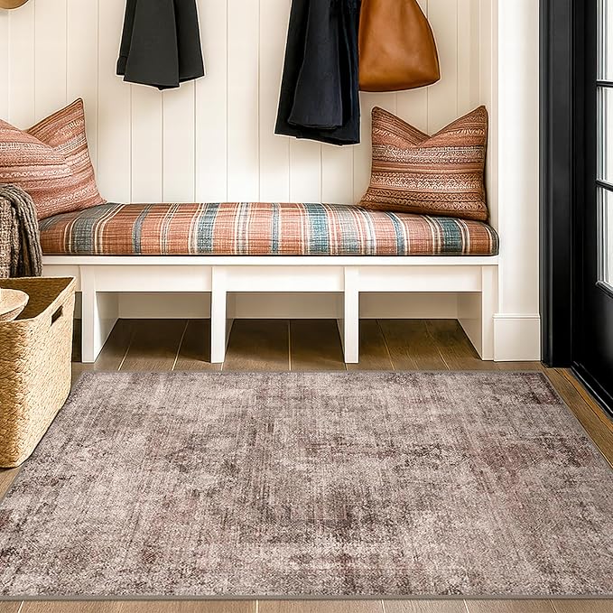 3x5 Washable Terracotta Entryway Rug, Non Slip Vintage Distressed Medallion Rug for Kitchen, Laundry Room, Mudroom & Hallway, Low Pile Stain Resistant Farmhouse Boho Doorway Mat