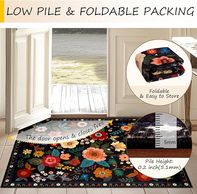 RELEANY Floral Nursery 3x5 Area Rugs Washable Print Boho Cute Carpet Non Slip Flower Low Pile for Living Room Kids Girls Playroom Bedroom Kitchen Office Farmhouse-Black