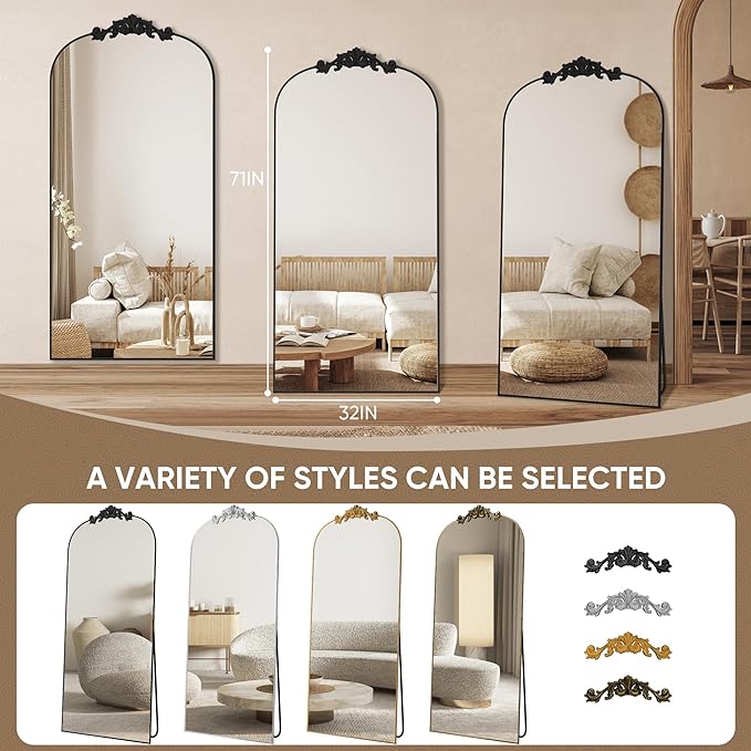 Antok Arched Full Length Mirror, 71"x32" Floor Mirror with Carved, Full Body Mirrors for HomeDecor, Standing/Halling Large Wall Mirror for Bedroom, Living Room, Cloakroom, Black, Retro Style