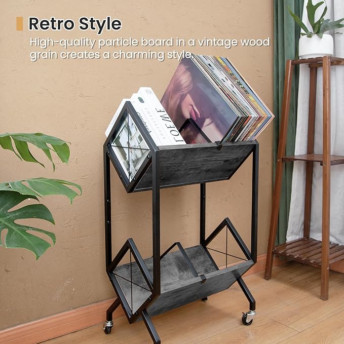SwaaVee Vinyl Record Storage Holder with Wheels, 2-Tier Record Holder 160-200 LP with Dividers, Retro Style Quick Assembly Vinyl Record Display for Albums, Magazine, Book, Files(2 Tier- Gray)