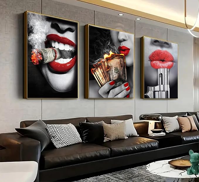 3pcs American Girl Money Wall Art Women Red Lips High Fashion Canvas Prints Posters Trend Black and White Wall Decor Beauty Fashion Abstract Paintings Suitable for Bedroom Living Room Bar Cart Restaurant Wall Decor Unframed
