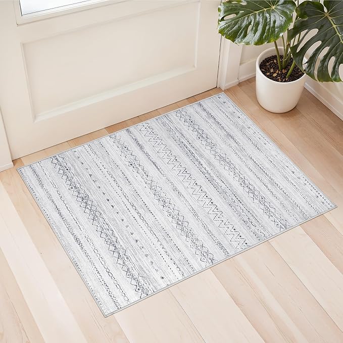 cotiled Washable 2x3 Entryway Rug: Washable Boho Rugs with Non Slip Backing Small Soft Indoor Stain Resistant Carpet for Kitchen Front Lightweight Home Decor Grey