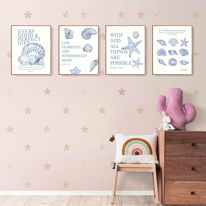 LARTSFRO Beach Ocean Blue Christian Bible Wall Art Decor Posters, Coquette Shells Christian Room Bathroom Bedroom Dorm Wall Art Decor Aesthetic for College Teen Girls Gifts, Inspirational Bible Verses Wall Decor, 10x8 Inch Set of 4 Pcs Summer Beach Pic...