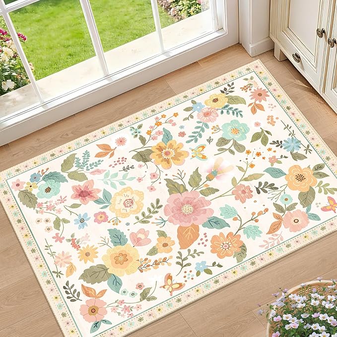 RELEANY Floral Nursery 2x3 Area Rugs Washable Print Boho Cute Carpet Non Slip Flower Low Pile for Living Room Kids Girls Playroom Bedroom Kitchen Office Farmhouse-Beige/White/Orange