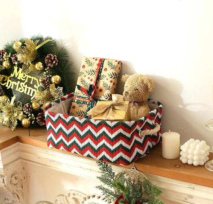 INough Christmas Ornament Storage Box Holiday Decoration Organizer, Knitted with Bulky Yarn Christmas Basket for Kids Collapsible Gifts Baskets Empty with Handles Ornament Storage Box