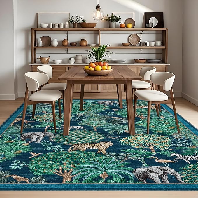 GarveeHome Jungle Washable Rug 9x12 Area Rugs for Living Room Bedroom, Animal Print Rug Non Slip Low Pile Forest Stain Resistance Large Throw Carpet for Dining Room Kids Playroom Nursery, Blue