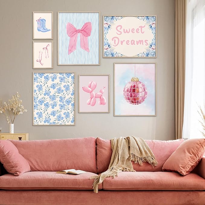 Habseligkeit Pink Posters for Room Aesthetic, Cute Wall Art Prints, Wall Decor Eclectic Home Decor Girls Bedroom Living Room Unframed, Set of 7