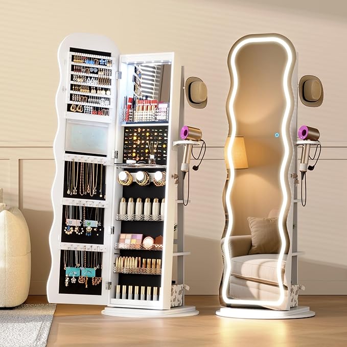 Vlsrka LED Mirror Jewelry Cabinet Standing, 360° Swivel Jewelry Aromire Organizer with Wavy Mirror, Lockable Jewelry Mirror with Storage, Jewelry Cabinet, Interior Mirror, Flodable Shelf, (LED White)