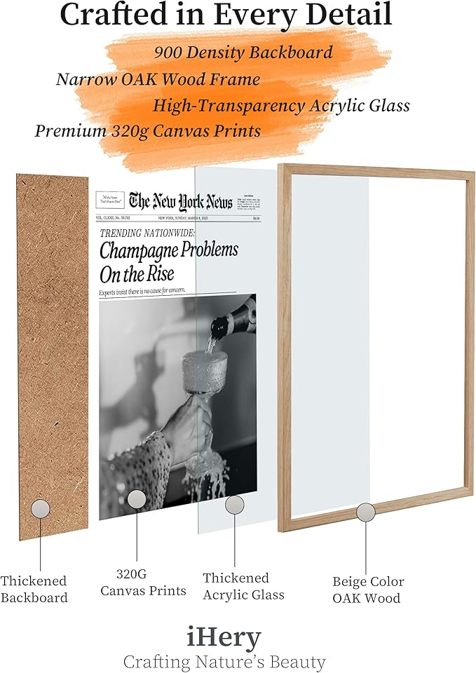 iHery Small 8X10in Champagne Problems On the Rise Newspaper Small Framed Wall Art, Natural OAK Wood Trendy 8X10in Canvas Wall Art Décor For Bedroom Living Room Set of 1