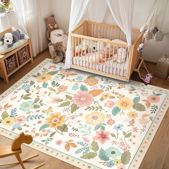 RELEANY Floral Nursery 5x7 Area Rugs Washable Print Boho Cute Carpet Non Slip Flower Low Pile for Living Room Kids Girls Playroom Bedroom Kitchen Office Farmhouse-Beige/White/Orange