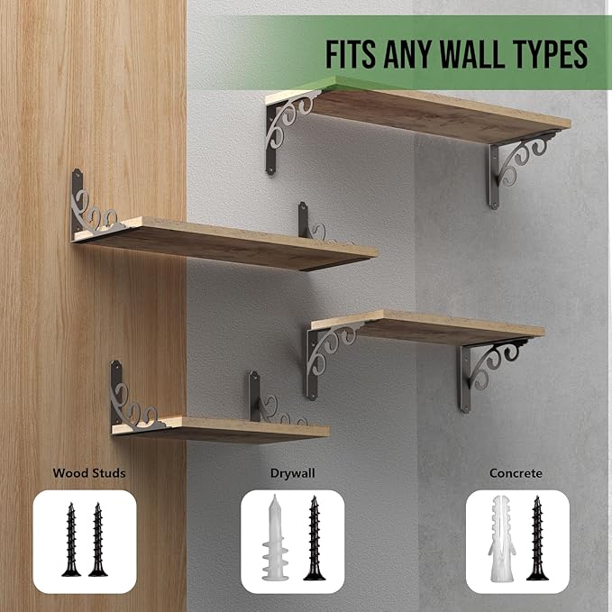 L Shelf Brackets for 8" - 10" Board, Floating Shelf Bracket Heavy Duty Metal Shelving Brackets for Shelves, Decorative Iron Rustic Wall Brackets for DIY Floating Shelf, 6 Pack Black