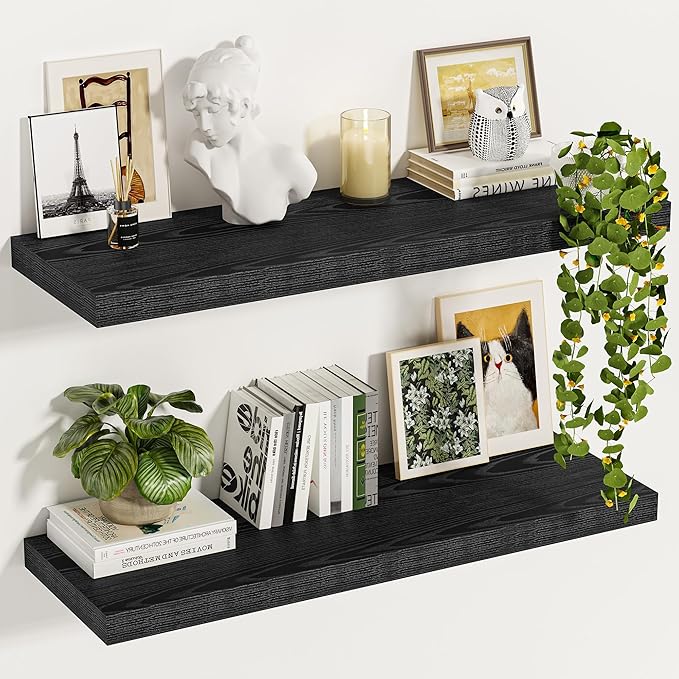 Vivelove Black Floating Shelves 24 Inches Wide, 12" Deep Wall Shelves for Bedroom, Bathroom, Living Room, Kitchen, Office, Rustic Home Decor Shelf with Invisible Brackets, 23.6X12X 1.5, Set of 2