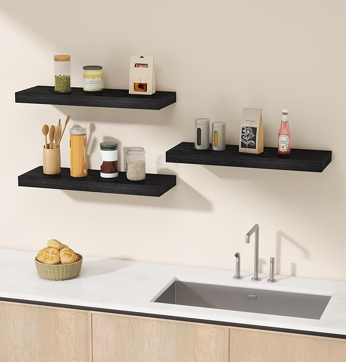 Vervida® 3 Pack Black Floating Shelves,24" W x 7.9" D x 1.5" H, Holds Up to 37 Lbs, Ideal for Living Room, Bedroom, Bathroom, Kitchen, Office, Storage, Display, with Invisible Brackets Wall Shelves
