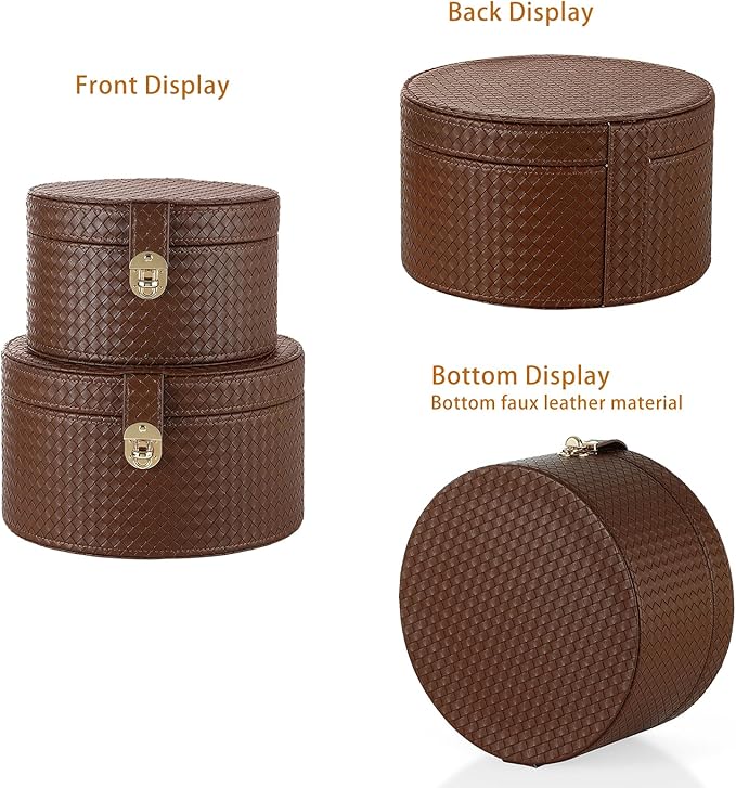 Large Leather Decorative Boxes Set of 2 Round Hat Box Bin Basket with Lid for Shelf Coffee Table Storage Remotes Modern Home Decor (brown)