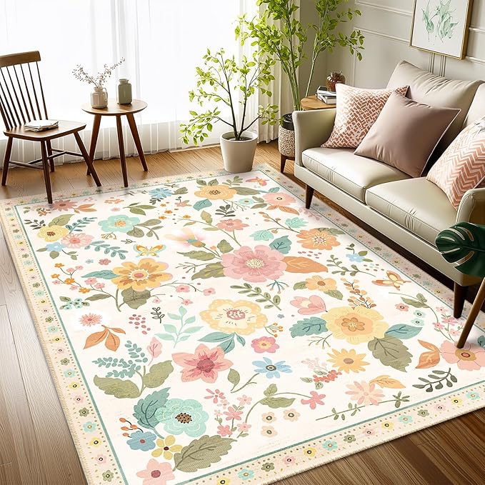 RELEANY Floral Nursery 4x6 Area Rugs Washable Print Boho Cute Carpet Non Slip Flower Low Pile for Living Room Kids Girls Playroom Bedroom Kitchen Office Farmhouse-Beige/White/Orange
