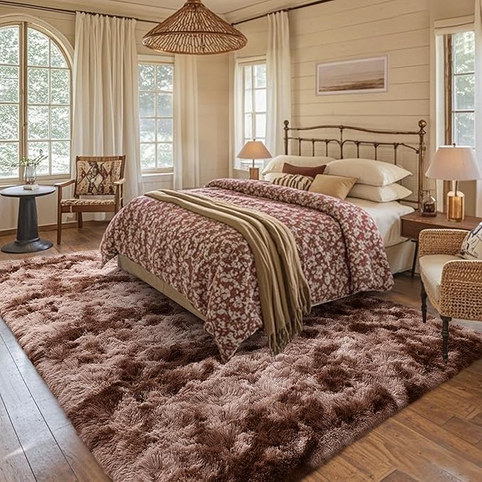 Brown Rugs for Bedroom 4x6 Fluffy Fur Living Room Area Rug, Rustic Plush Non-Slip Dark Carpet for Book Room Office,Coffee Stain Resistant
