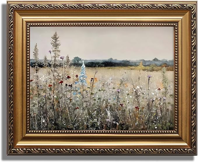 KBKBART Vintage Framed Wall Art for Living Room, French Wildflowers Field Art Print Posters, Neutral Country Meadow Landscape Wall Decor for Room Decor Aesthetic, Gold Framed Vintage Oil Painting Canvas Artwork Botanical Wall Art, 9''x12''