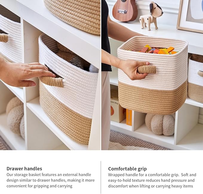 R RUNKA Storage Cube Baskets for Organizing -3 Pack -11 inch Square Baskets for Cube Storage, Closet Storage Bins-Woven Cube Storage Bins for Shelves- Ideal for Toy Storage |White & Khaki