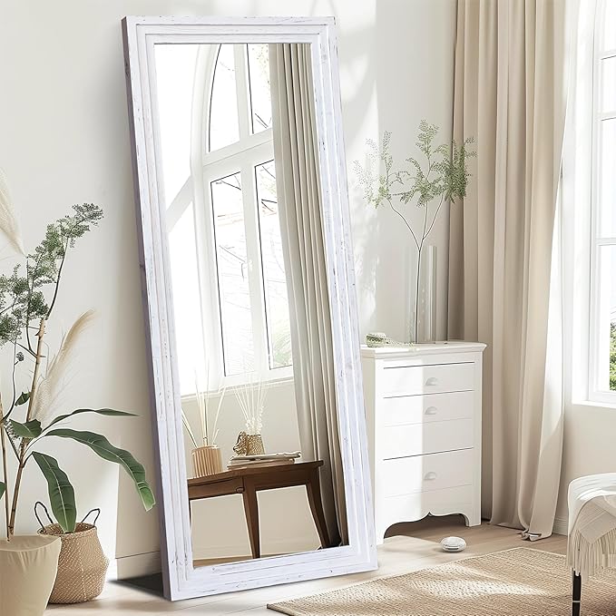 65"x22" Full Length Mirror Solid Wood Frame Floor Mirror with Stand for Living Room, Bedroom Hanging Standing or Leaning, White