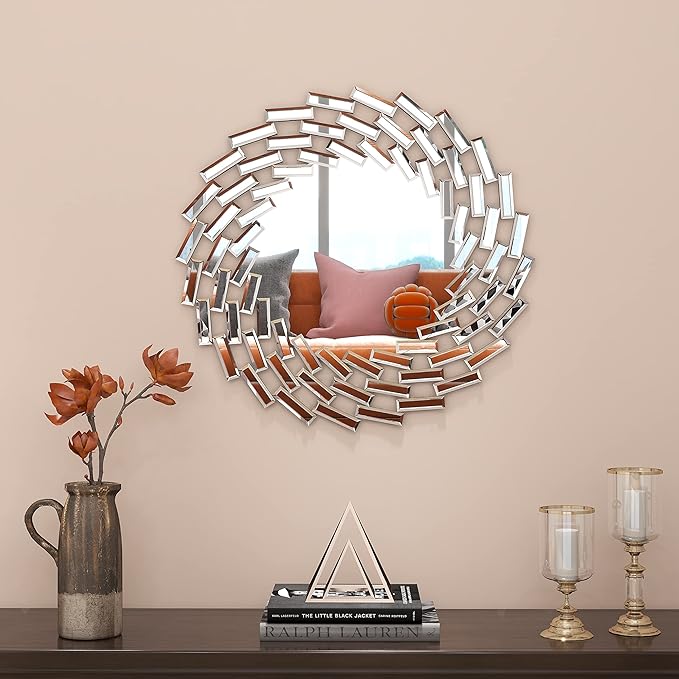 SHYFOY Round Mirror for Wall Decor, 24in Decorative Wall Mirror for Living Room, Modern Large Mirrors, Beveled Edge Frameless Accent Mirror