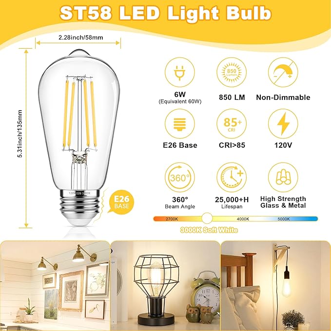 ASOMST 4-Pack Vintage Edison Bulbs 60W Equivalent, 850LM 6W LED Light Bulb Soft White 3000K, ST58 Filament Lighting E26 Base, Non-Dimmable
