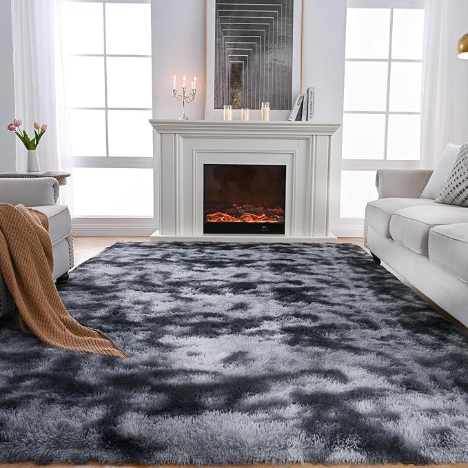 Fluffy Area Rugs for Bedroom：Grey Plush Area Rug 4x6 - Indoor Modern Shaggy Soft Carpet for Living Room Bedroom Kids Room Nursery (Tie-Dyed Dark Grey, 4x6 Feet)