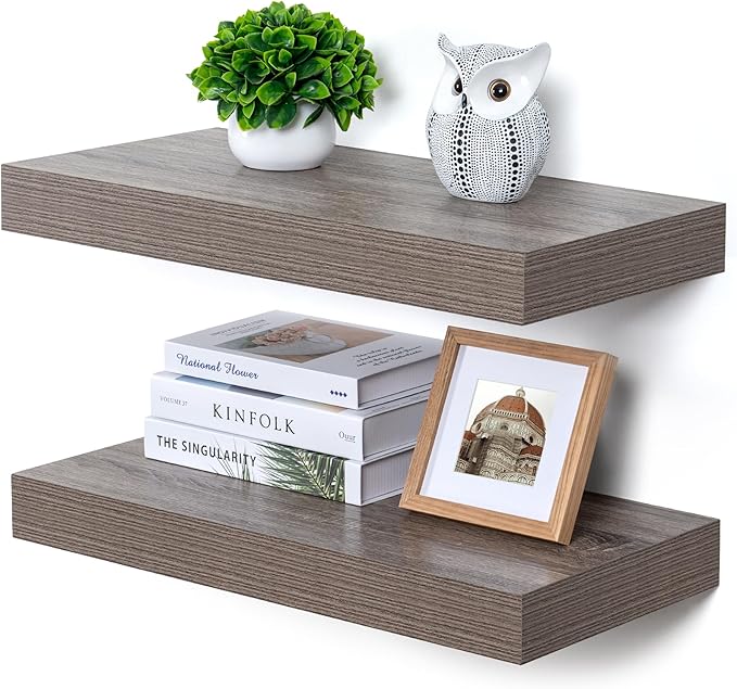 FLYJOE Deep Floating Shelves | 24 Inch Grey Floating Shelves Set of 2 | 12 Inch Deep Rustic Wood Shelves for Wall | 24" W x 12" D Grey Shelves for Living Room Bathroom Laundry Room Kitchen
