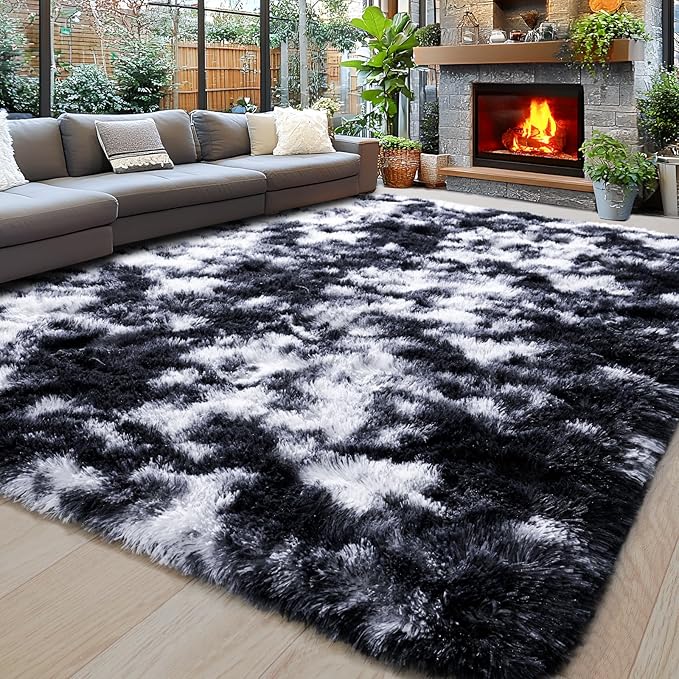 Area Rugs 10x14 for Living Room, Ultra Soft Fluffy Rugs for Bedroom, Non-Slip Furry Large Rug for Teen Girls and Boys,Nursery Kids Room Dorm Home Decor, High Pile Plush Floor Carpet, Black and White