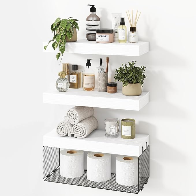 Acovy Bathroom Floating Shelf for Wall,16 inch Wall Mounted Floating Shelves Toilet Organizer and Storage,Small Farmhouse Decor Shelf,White,Set of 3