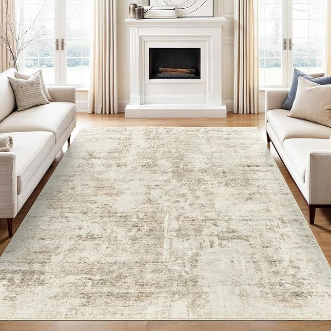 Soalmost 10x14 Area Rugs for Living Room, Non Slip Machine Washable Vintage Carpets, Low Pile Lightweight Large Rug for Bedroom, Dining Room, Home Office Beige Gray