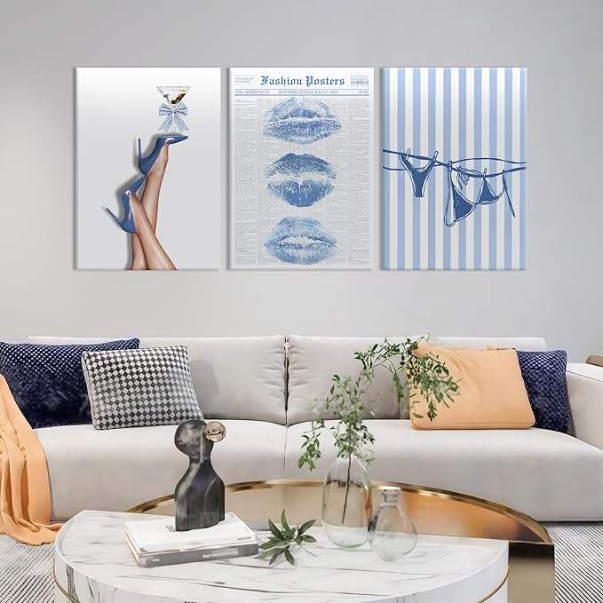 3Pcs Trendy Coquette Wall Art Blue Lips Bikini & Bow Heels Wall Decor Pictures Vintage Martini Newspapaer Canvas Posters Prints for Y2K Girly Room Dorm Apartment Preppy Aesthetic Decor 12x16in
