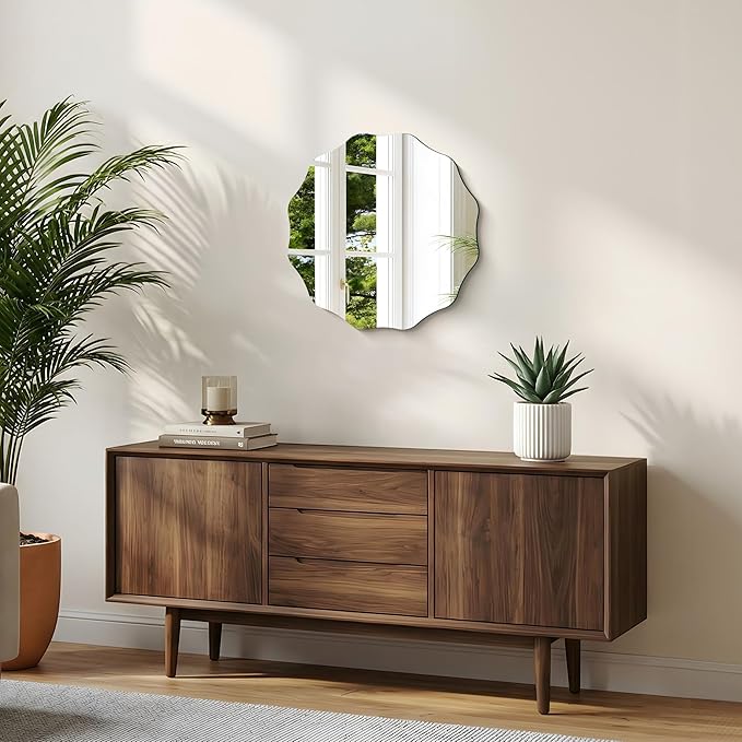 CILIBER Frameless Wavy Round Mirror, 18'' Scalloped Circle Wall Mirror, 3mm Tempered Glass Decorative Bathroom Vanity Mirror, Mounting/Leaning for Mantel, Living Room, Bedroom and Entryway