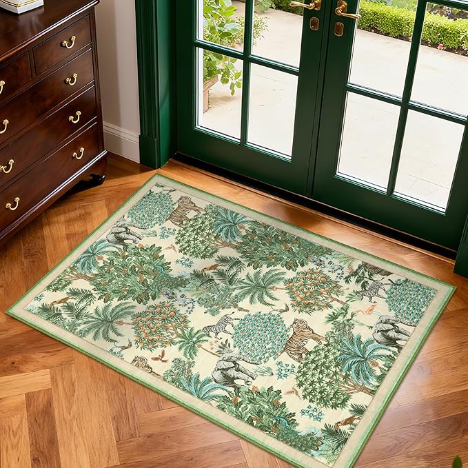 GarveeHome Jungle Rug 2x3 Animal Print Rugs Non Slip Washable Front Door Rug for Entryway, Indoor Kitchen Rugs Low-Pile Small Door Mat Forest Carpet for Bedroom Home Décor, Beige
