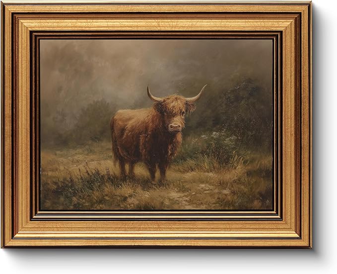 HUARCEY Gold Framed Vintage Wall Art for Living Room, Animals Painting Prints Shelf Decor for Kitchen, Aesthetic Bedroom Wall Art, Best Gifts for Friends or Family - Highland Cattle 10L x 8W