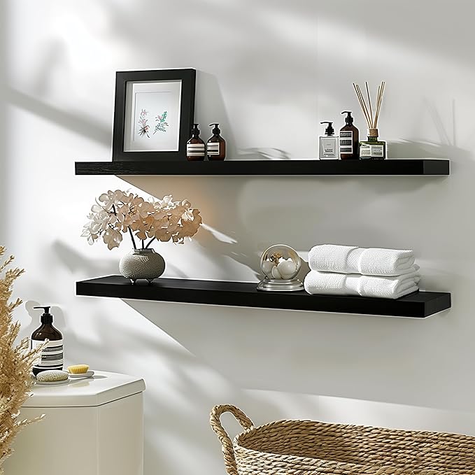 GXYAWPJ 48 Inch Floating Shelves for Wall Rustic Black Wood Wall Shelves for Bedroom Set of 4