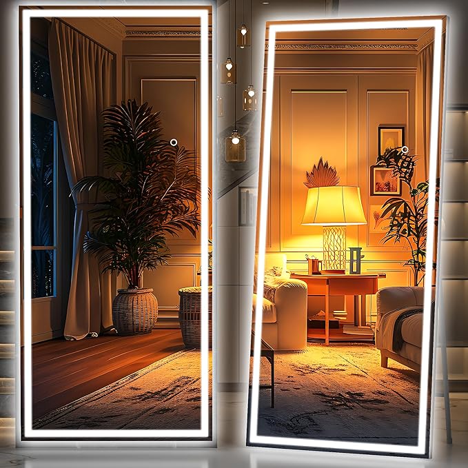 Hasipu Full Length Mirror with Lights, 83" x 36" LED Lighted Floor Standing, Full Body Dressing Hanging Mounted Mirror, Tempered Glass, Square Black