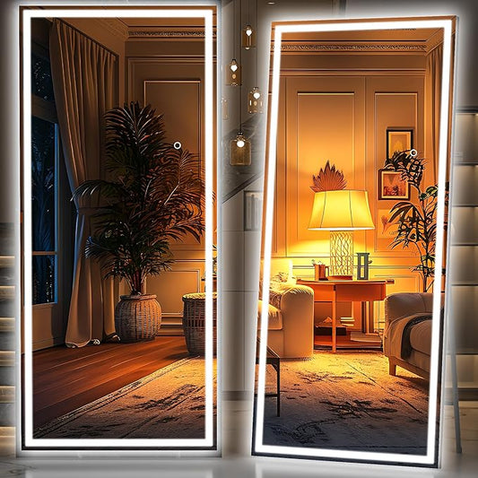 Hasipu Full Length Mirror with Lights, 83" x 36" LED Lighted Floor Standing, Full Body Dressing Hanging Mounted Mirror, Tempered Glass, Square Black